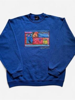 Vintage 1990s Laurel Burch Blue Graphic Crewneck Sweatshirt M